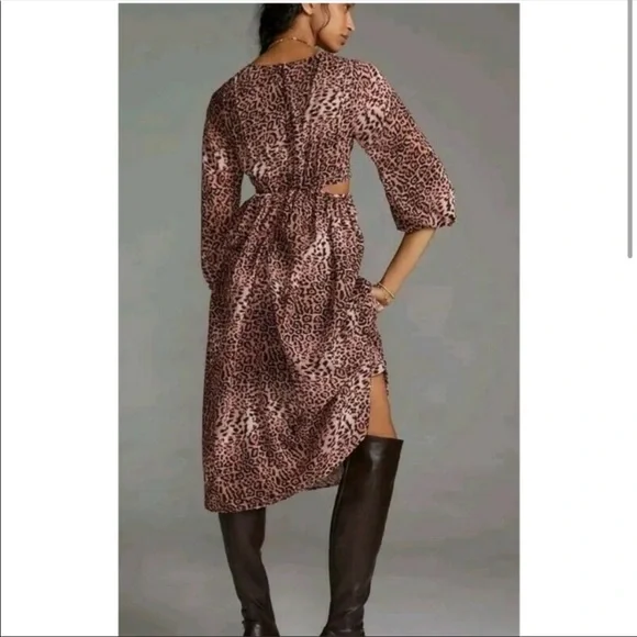 NWT $190 AnthropologieRann Gill leopard print cut out midi dress women size L